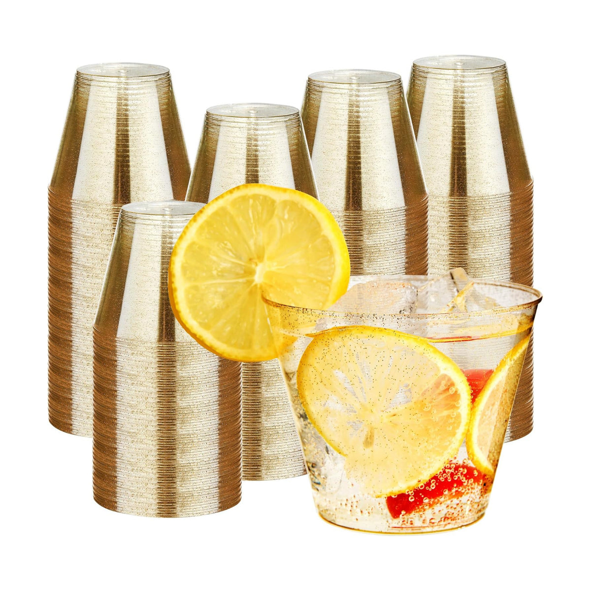 RACETOP 9 oz 200 Pack Gold Glitter Plastic Cups