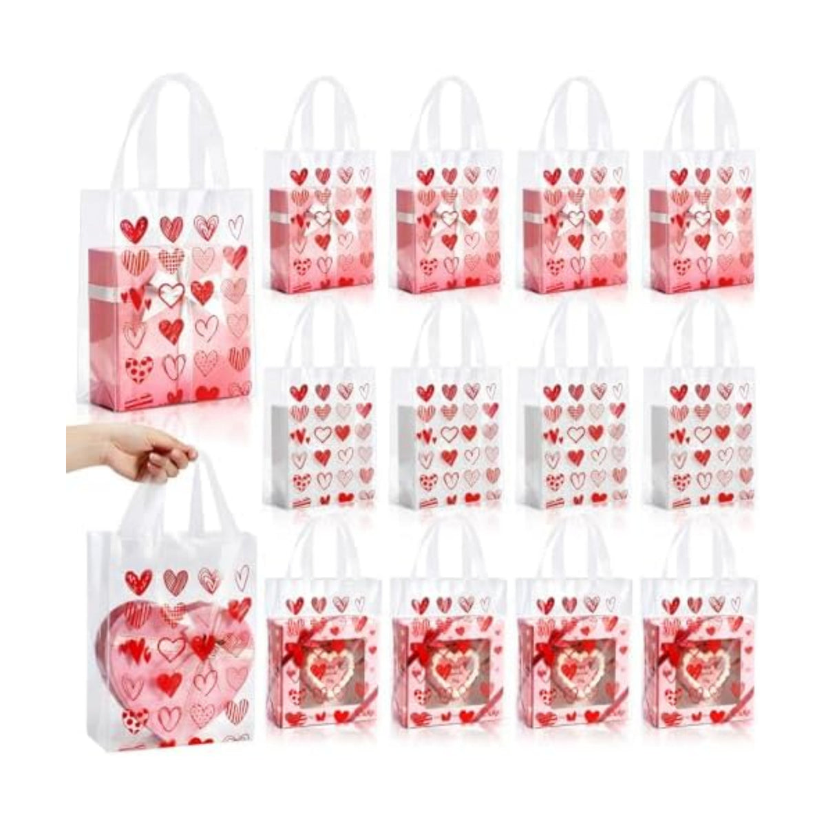 Pajean 25 Pcs Red Heart Plastic Gift Bags with Handles, 5.9 x 8.7 x 3.1 Inch Heart Design PE Treat Bags, Red and Pink Candy Goodie Pouches for Classroom Exchange, Party Favor, Wedding Supplies