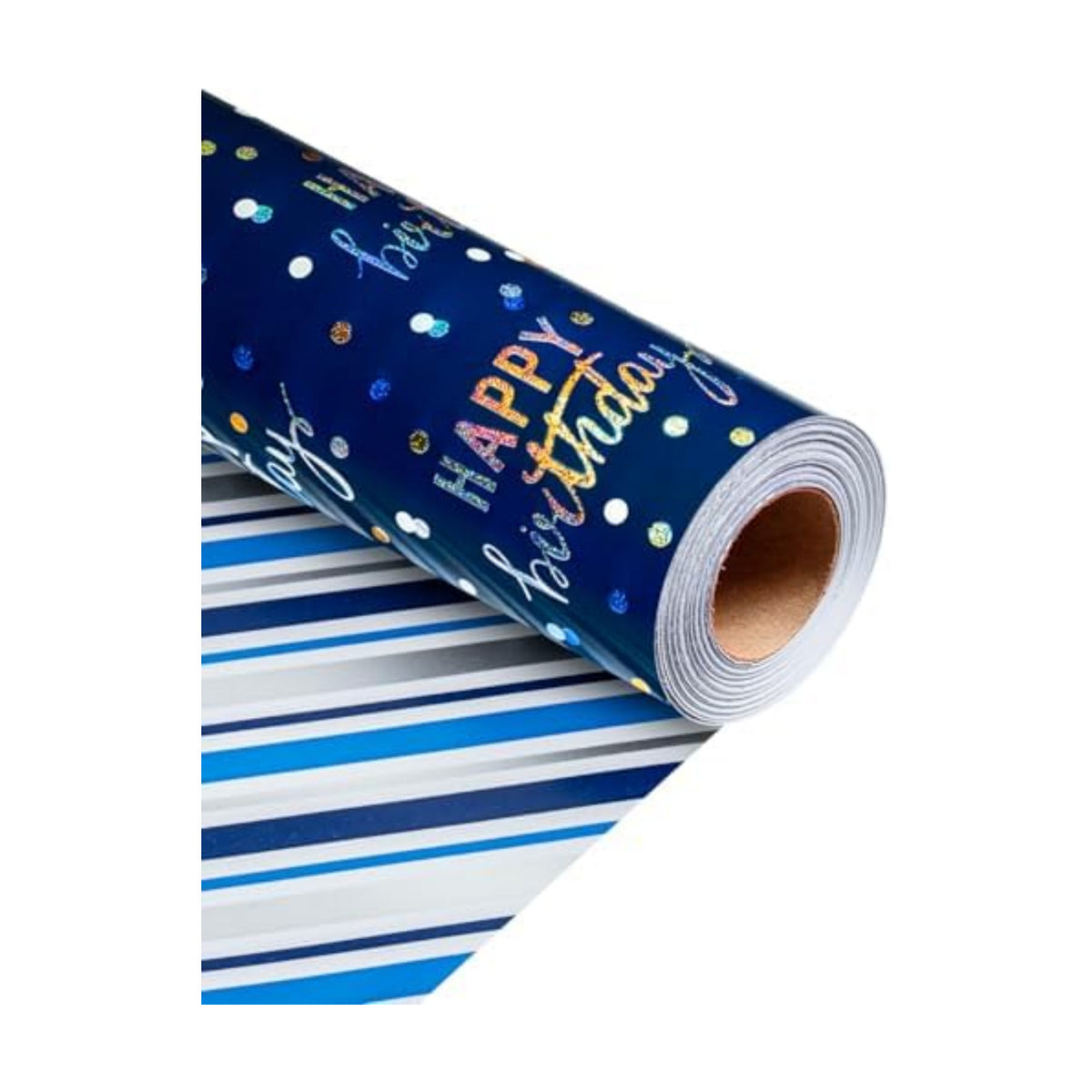 MAYPLUSS Birthday Wrapping Paper Roll, Blue Metallic Holographic Happy Birthday Wrapping Paper Featuring Revesible Stripe Gift Wrap Paper for Boys Kids Girls Men, 17 Inches x 33 Feet