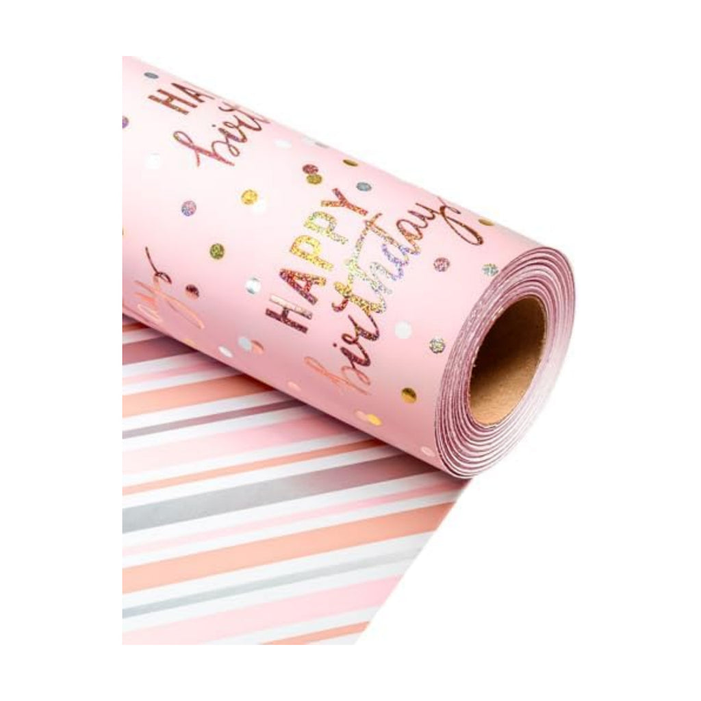 MAYPLUSS Birthday Wrapping Paper Roll, Pink Metallic Holographic Happy Birthday Wrapping Paper Featuring Revesible Stripe Gift Wrap Paper for Girls Boys Kids Men, 17 Inches x 33 Feet