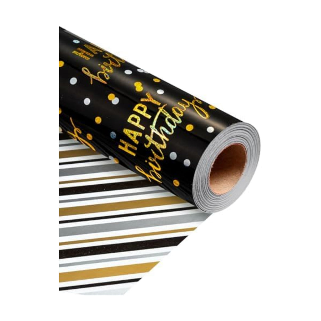 MAYPLUSS Birthday Wrapping Paper Roll, Black Metallic Holographic Happy Birthday Wrapping Paper Featuring Revesible Stripe Gift Wrap Paper for Boys Kids Girls Men, 17 Inches x 33 Feet