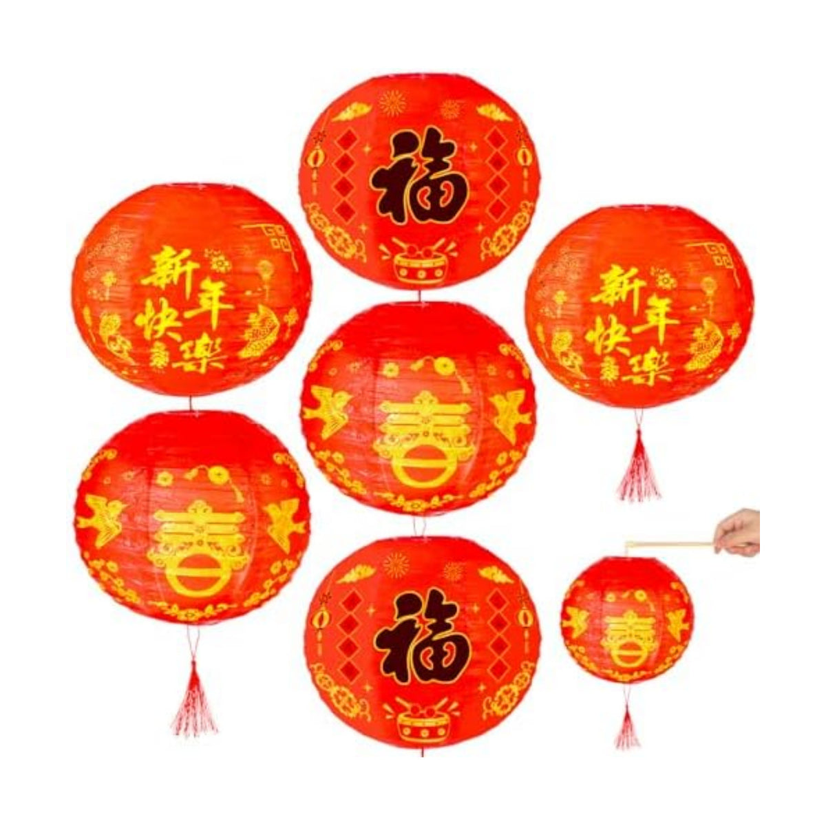 HOWAF 6pcs Chinese New Year Round Paper Lanterns Fu Chun Character Red Lantern for 2026 Lunar New Year Decorations,Spring Festival Hanging Round Lanterns Decorations,Year of The Horse Lanterns
