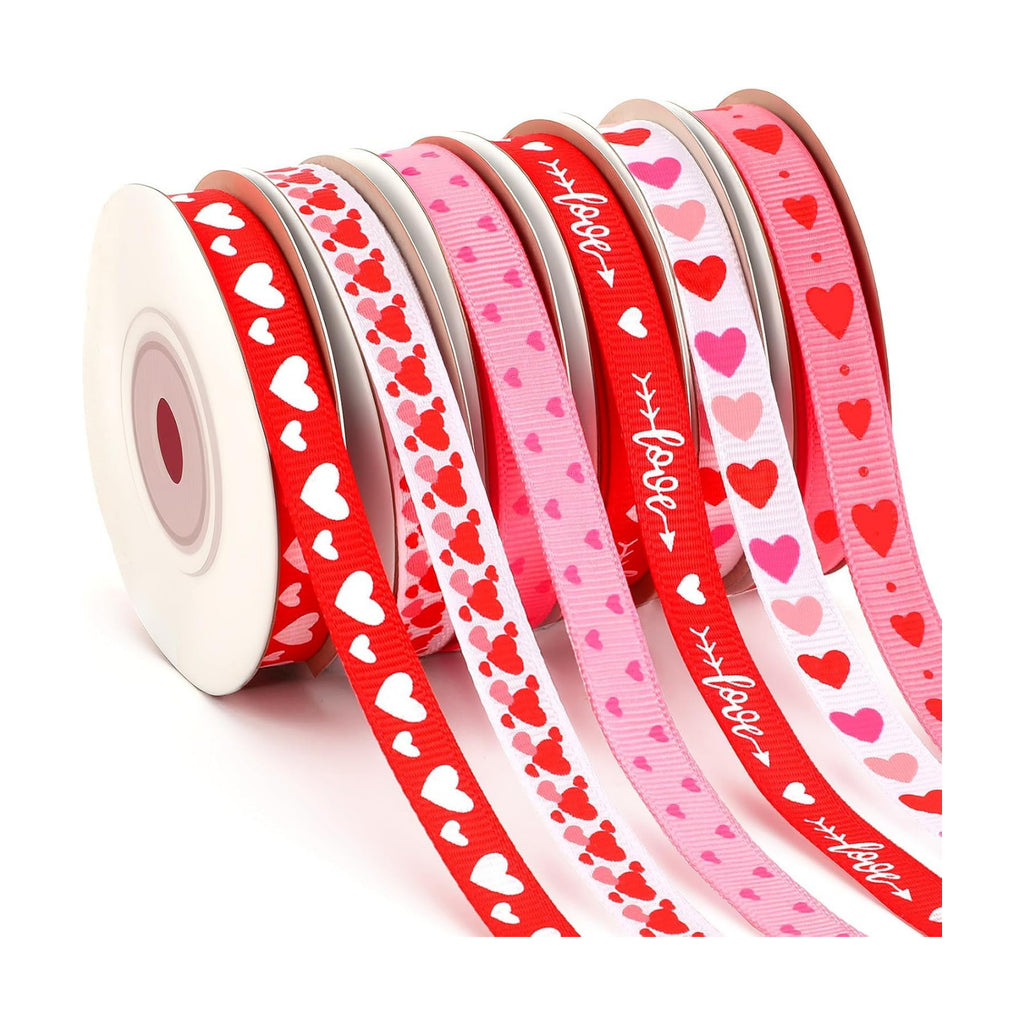 DECYOOL Valentine Ribbon, 6 Rolls 60 Yards Heart Grosgrain Craft Ribbons