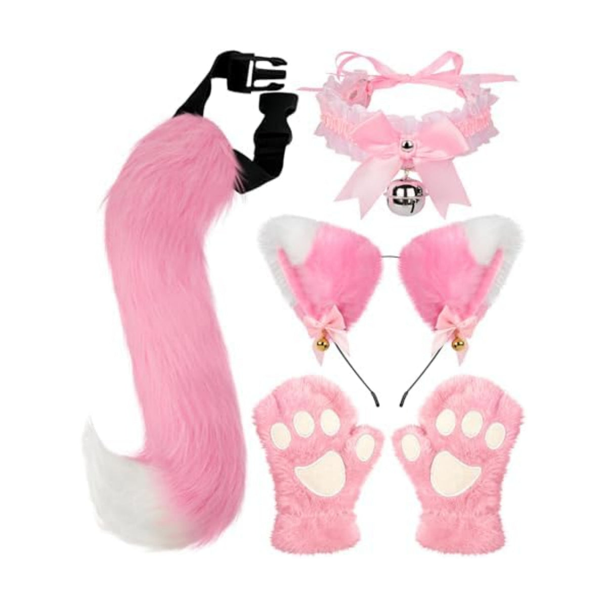 Cat Ears and Tail,Wolf Fox Ears Long Tail and Bell Lace Choker Set for Halloween,Animal Cosplay Party Costume