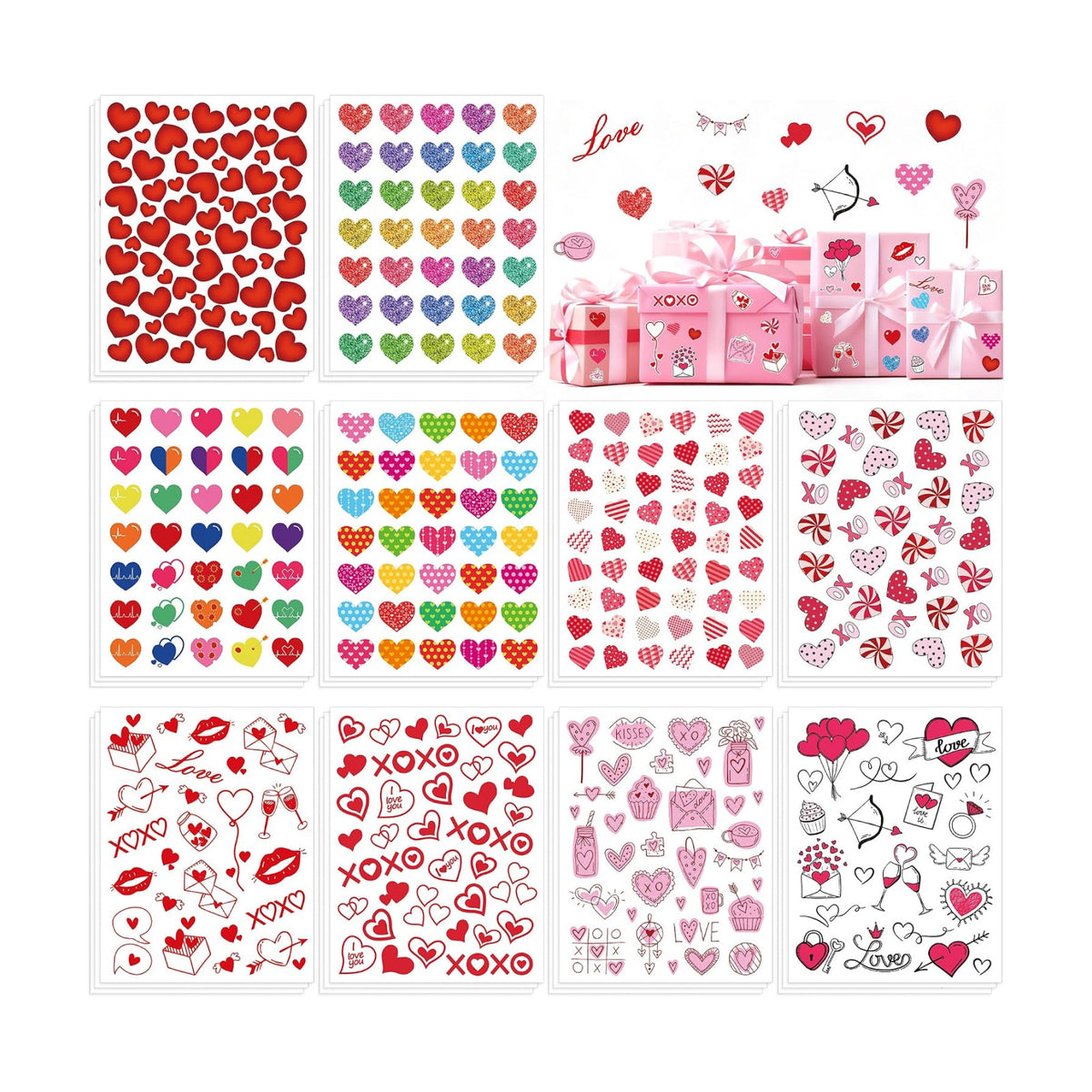 1140Pcs Valentines Stickers, 30 Sheets Valentine Day Cute Heart Stickers, Love Sticker Bulk for Valentines Day Decorations Prizes Gifts Box Envelopes Cards Decor Crafts Party Favors Supplies