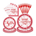 96 Pieces Valentine’s Day Tableware Set – Red and White Disposable Plates, Napkins, and Forks with Heart Balloons Designs for Romantic Dinners, Weddings, and Love-Themed Parties – Serves 24