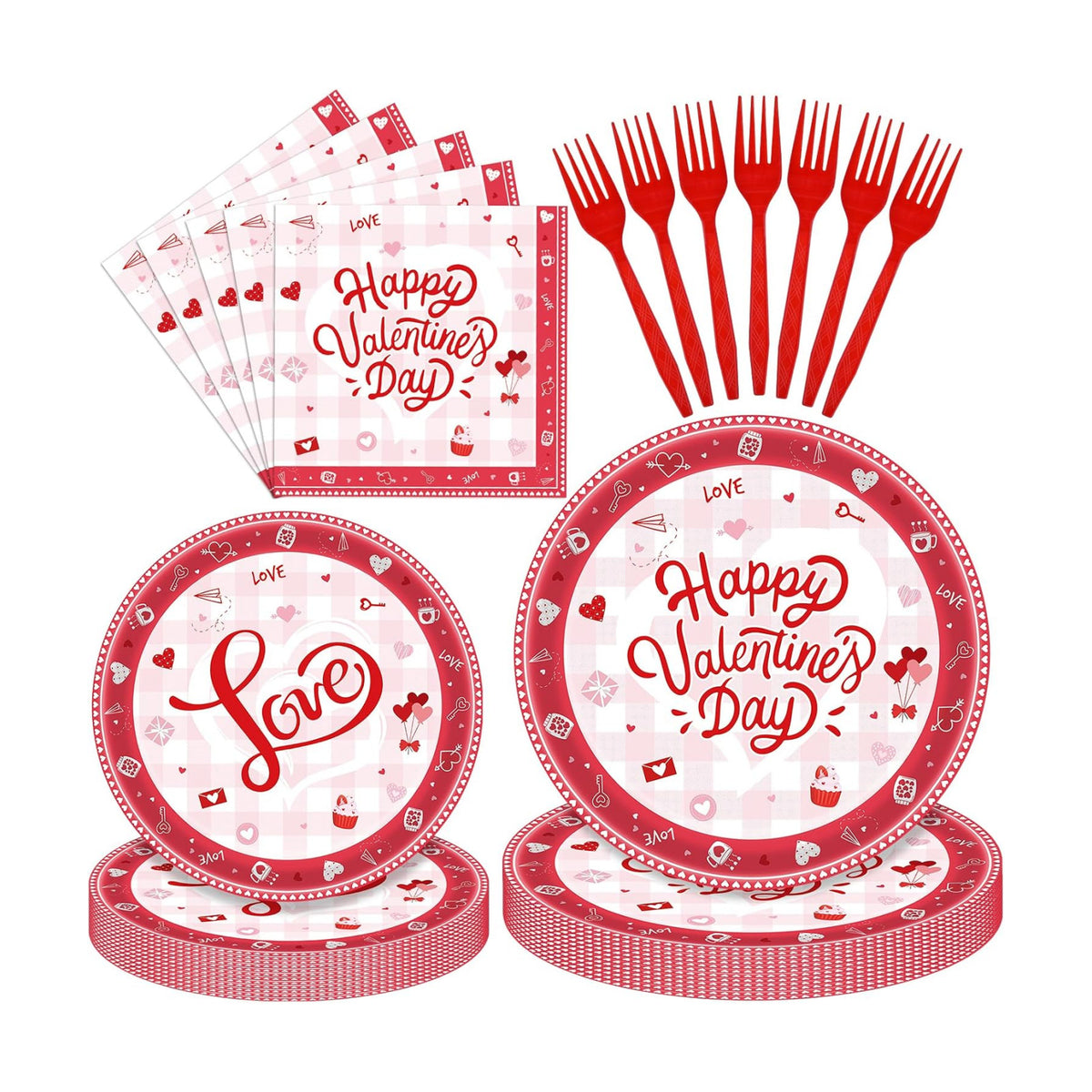 96 Pieces Valentine’s Day Tableware Set – Red and White Disposable Plates, Napkins, and Forks with Heart Balloons Designs for Romantic Dinners, Weddings, and Love-Themed Parties – Serves 24