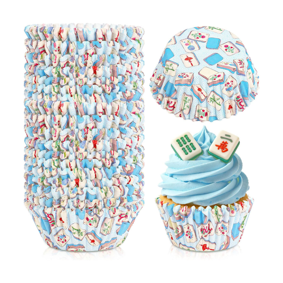 JarThenaAMCS 300Pcs Mahjong Cupcake Liners Blue Paper Baking Cups Standard Muffin Cupcake Wrappers for Birthday Game Night Theme Party Supplies