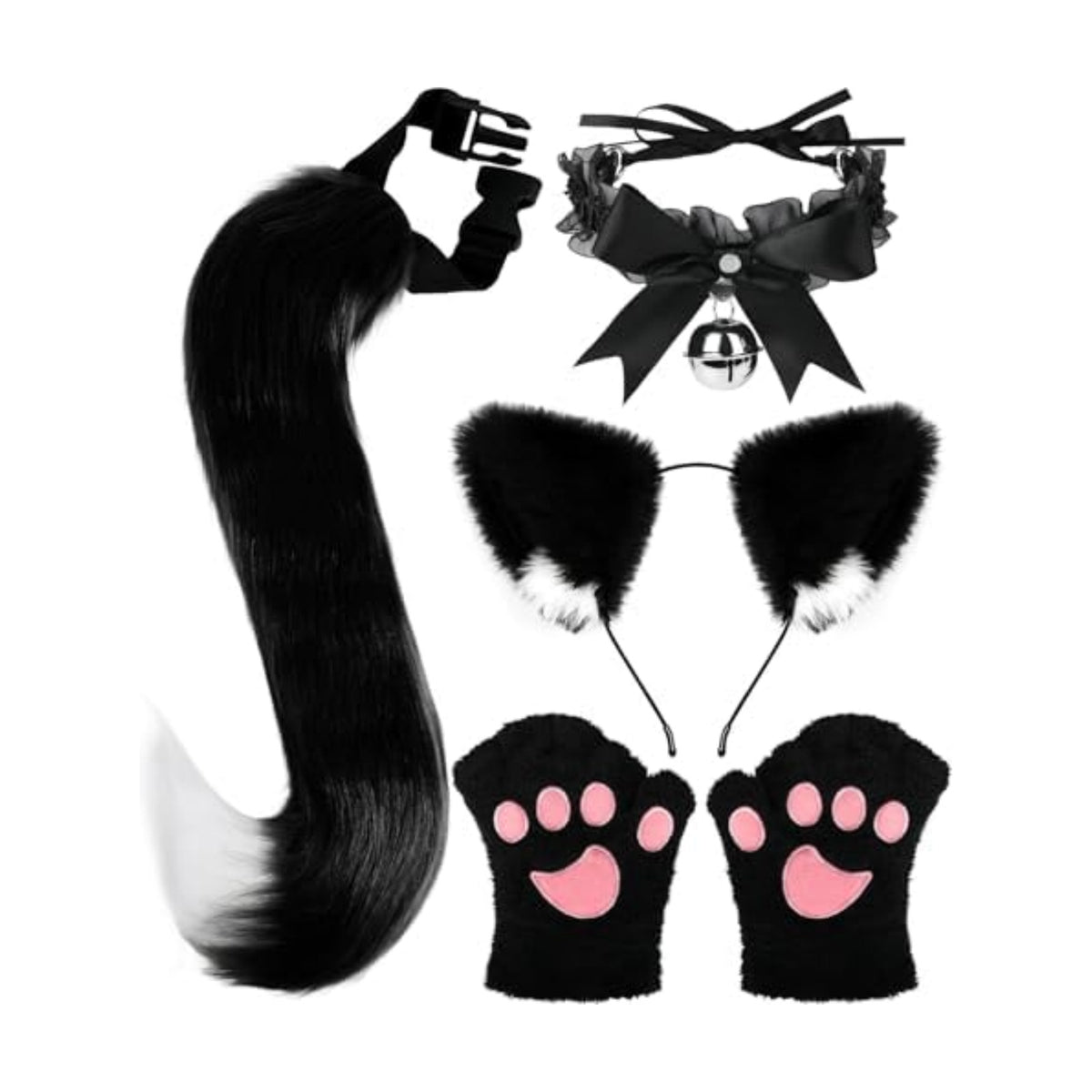 Cat Ears and Tail,Wolf Fox Ears Long Tail and Bell Lace Choker Set for Halloween,Animal Cosplay Party Costume