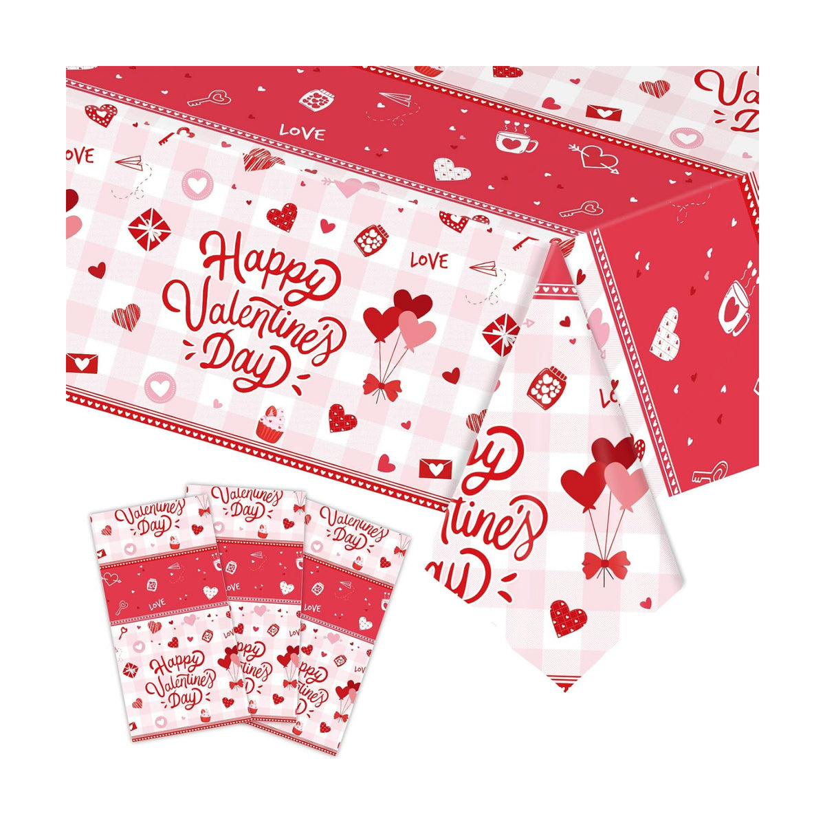 3-Piece 54 x 108 Inch Valentine’s Day Plastic Tablecloth – Red and White Disposable Rectangle Table Covers for Romantic Dinners, Parties, and Celebrations