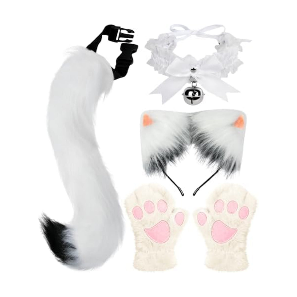 Cat Ears and Tail,Wolf Fox Ears Long Tail and Bell Lace Choker Set for Halloween,Animal Cosplay Party Costume