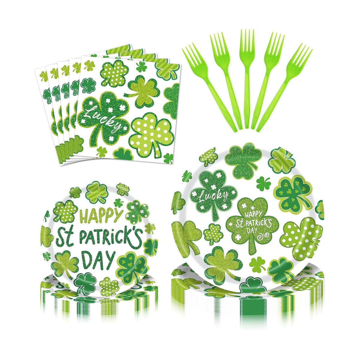 96 Pieces St. Patrick’s Day Tableware Set – Green Shamrock Disposable Plates Napkins Forks with “Happy St. Patrick’s Day” Lucky Clover Designs for Holiday Parties Irish Celebrations – Serves 24