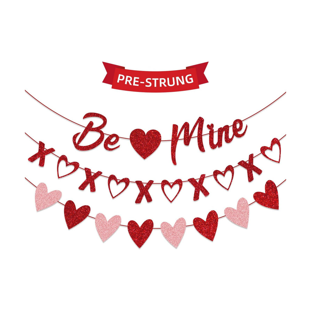 Valentine's Day Decorations - 3-Pack Pre-Strung Be Mine & XOXO & Heart Glitter Banners, No DIY Required, Romantic Decor for Home Classroom Office Wedding Party Anniversary