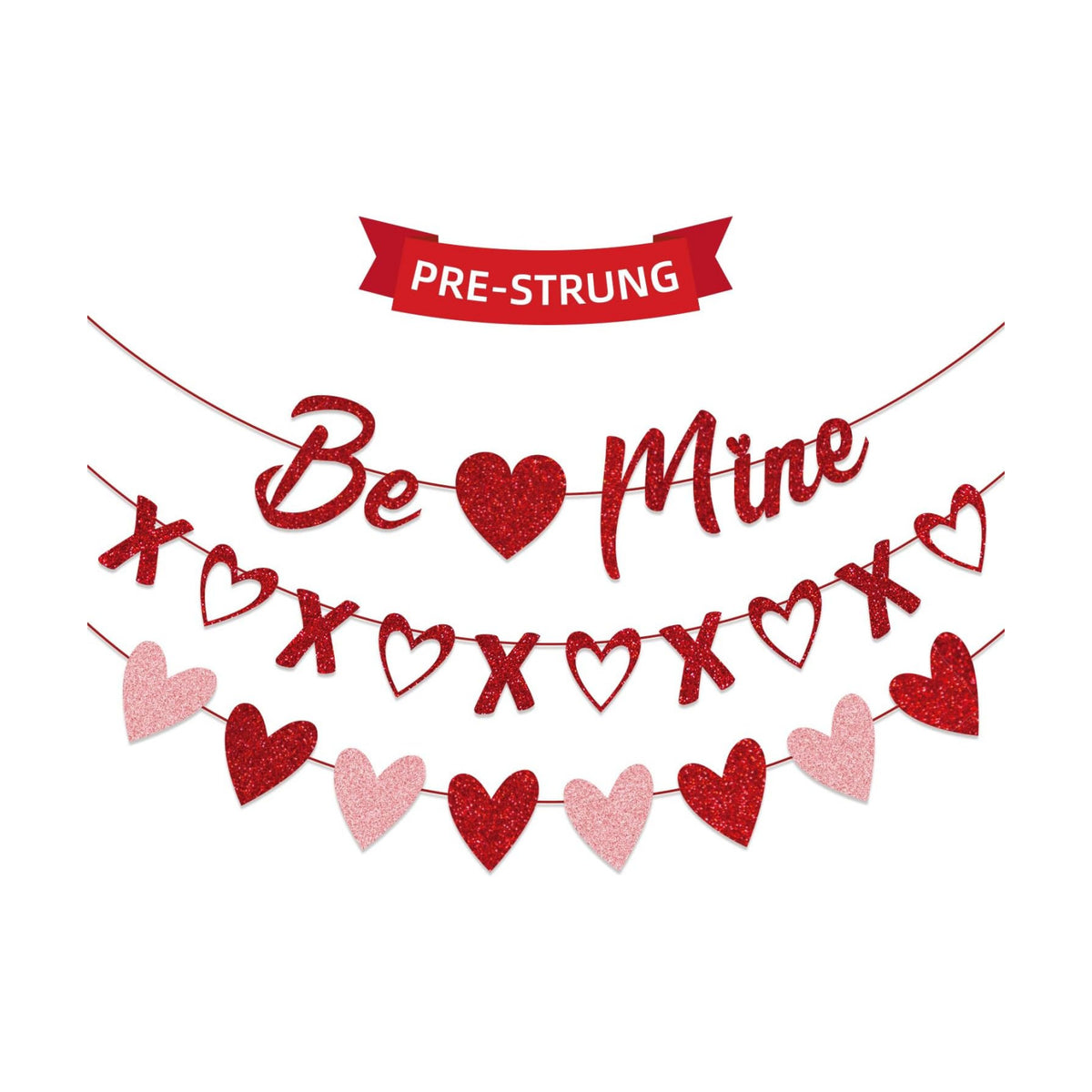 Valentine's Day Decorations - 3-Pack Pre-Strung Be Mine & XOXO & Heart Glitter Banners, No DIY Required, Romantic Decor for Home Classroom Office Wedding Party Anniversary