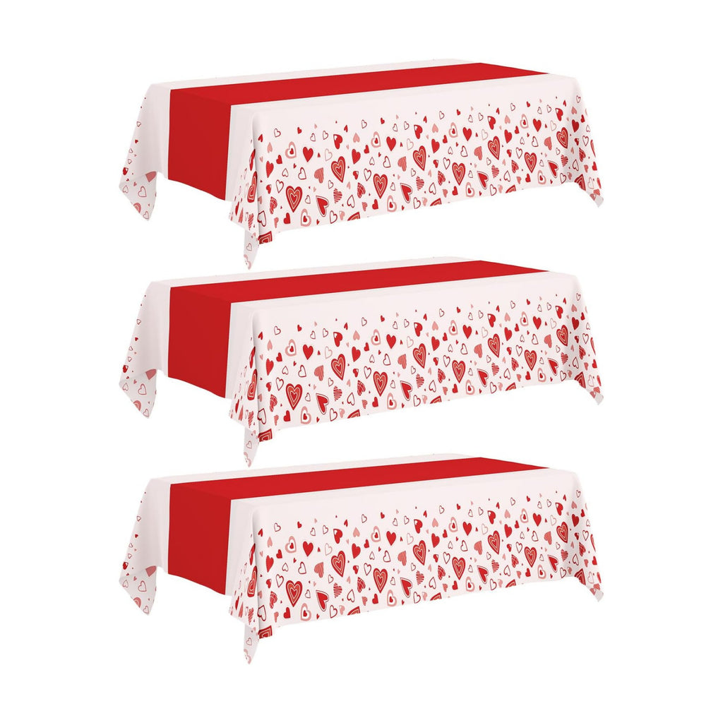 Valentine's Day Tablecloth 3-Pack, 54x108 Inch Disposable Plastic Table Covers, Red Heart Themed Decor for Romantic Party, Wedding, Anniversary, and Valentine's Day Table Decorations