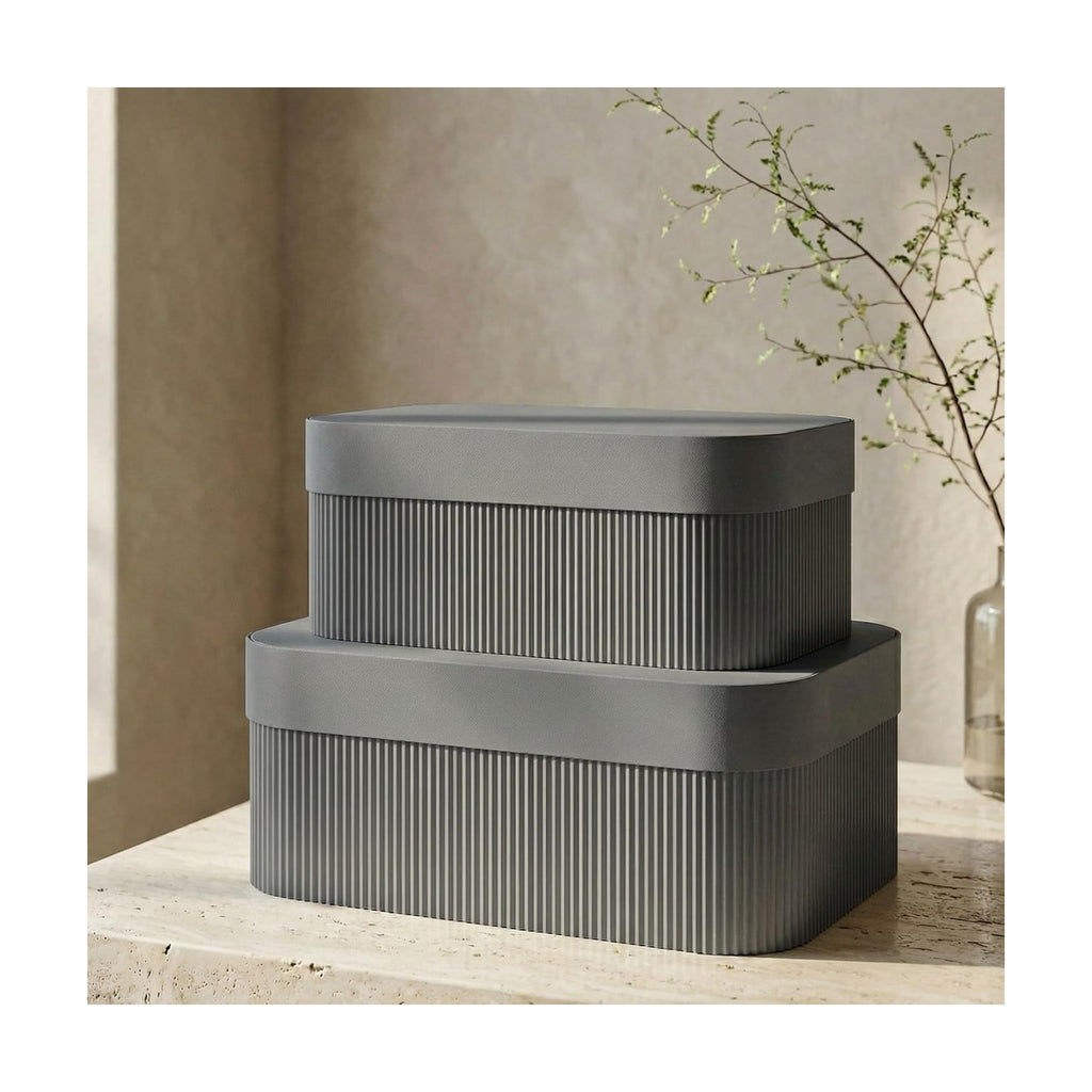 Decorative Storage Boxes with Lids - Set of 2 Fluted Photo Organizer Bins