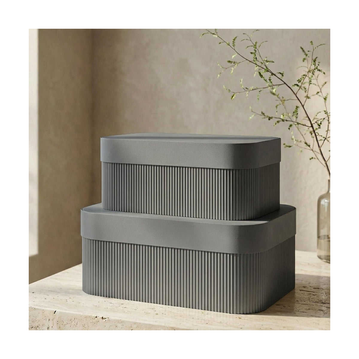 Decorative Storage Boxes with Lids - Set of 2 Fluted Photo Organizer Bins