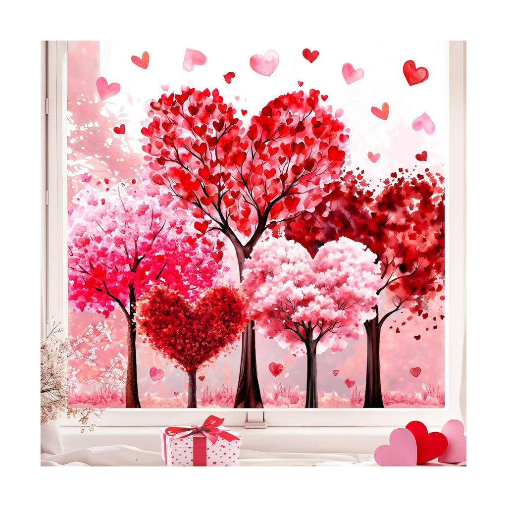 JarThenaAMCS Valentine's Day Window Clings Window Stickers Love Heart Tree Double-Sided Glass Decals for Wedding Anniversary Home Office Classroom Party Wall Decor, 9 Sheets