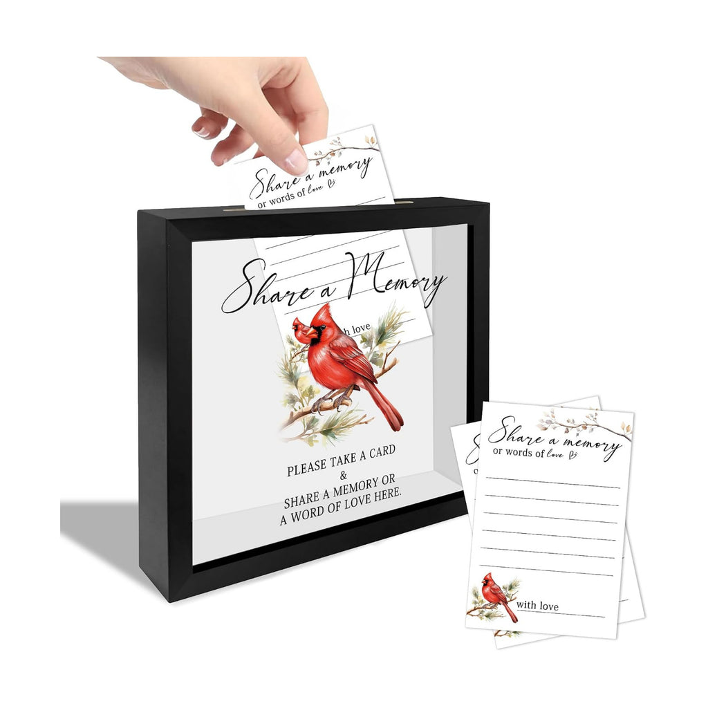 Red Cardinal Funeral Memory Card Box with Acrylic Window, 20 Pcs Memory Cards, for Sympathy Condolence Messages, Remembrance Table Decor, for Sympathy Memorial Gift, 8 x 8 in