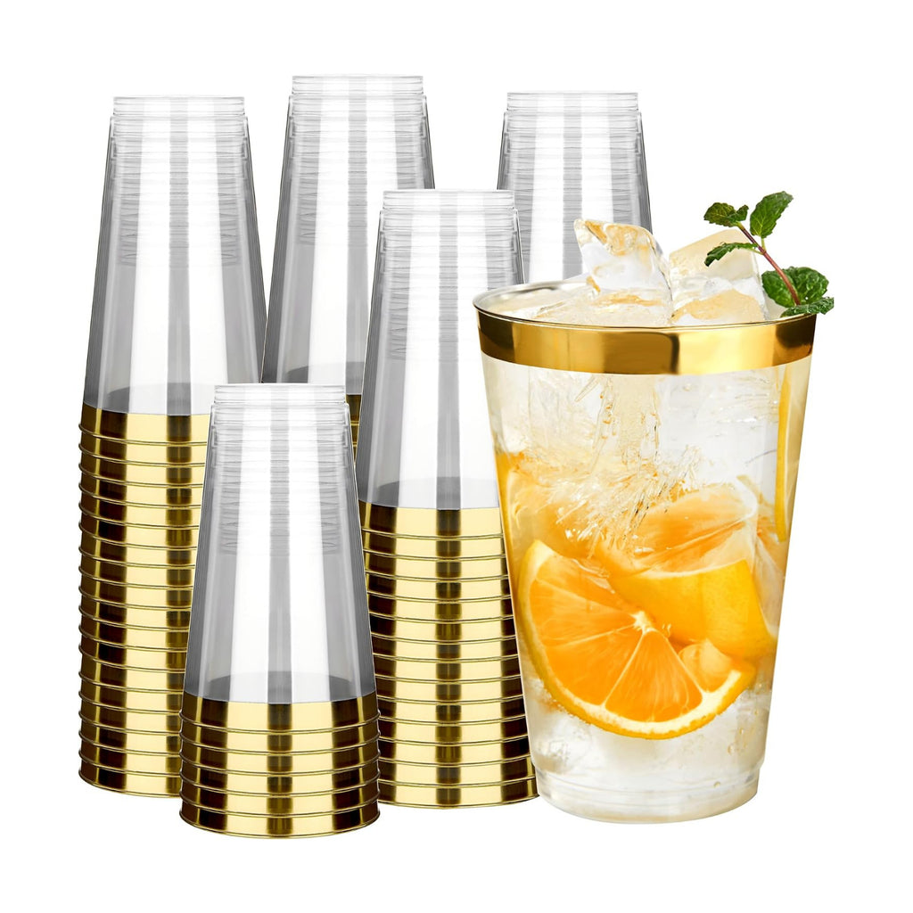 RACETOP 14 oz 200 Pack Disposable Plastic Cups with Gold Rim