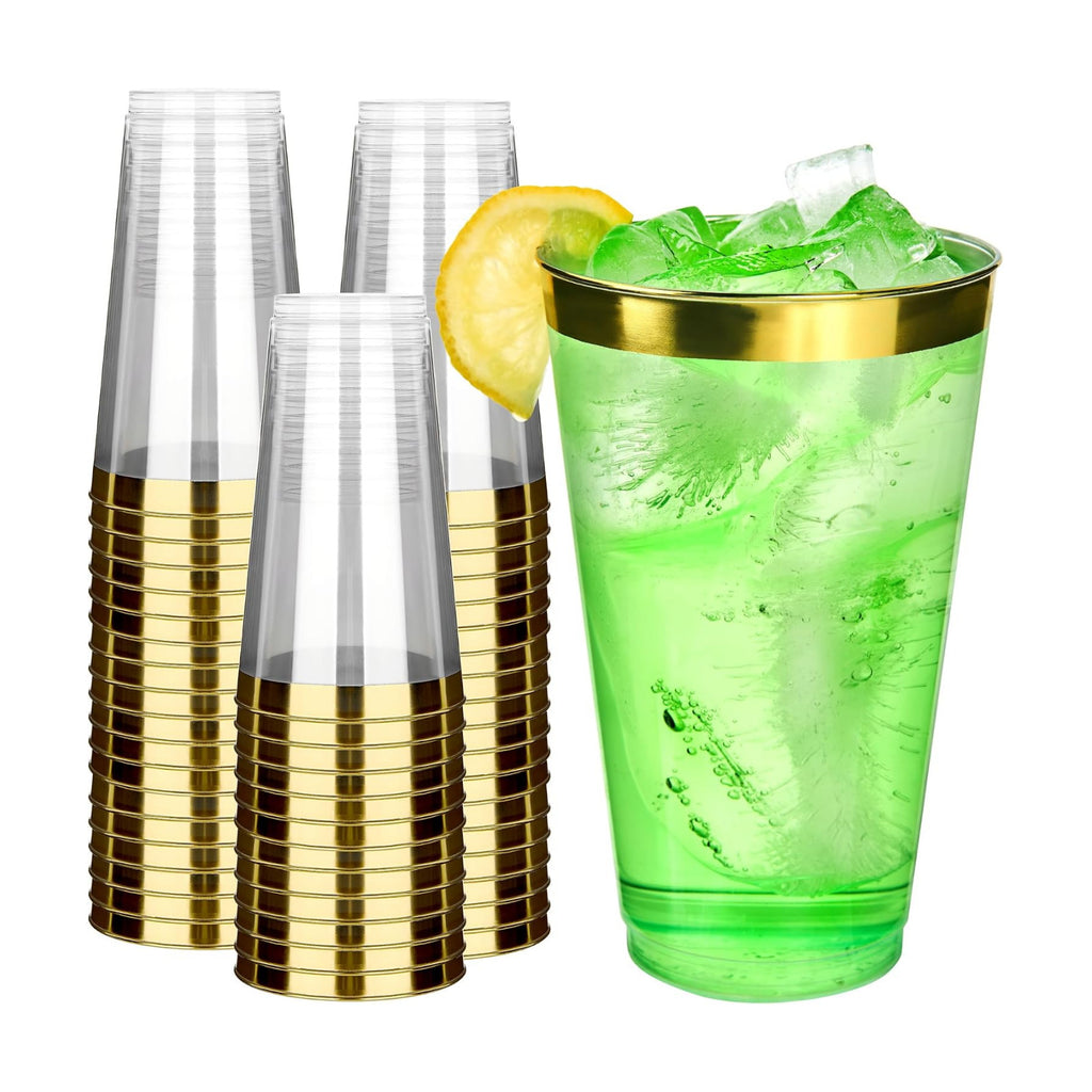 RACETOP 16 oz Disposable Plastic Cups with Gold Rim, 100 Pack
