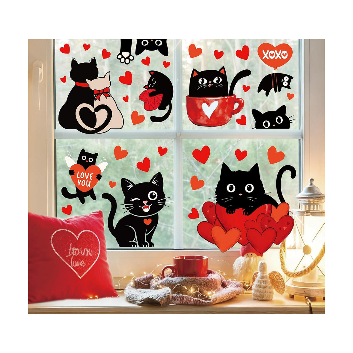 Whaline 6 Sheets Valentine' s Day Window Clings Window Decal Black Cat Red Love Heart Reusable Anti-Collision Windows Decor for Wedding Anniversary Home Party Supplies