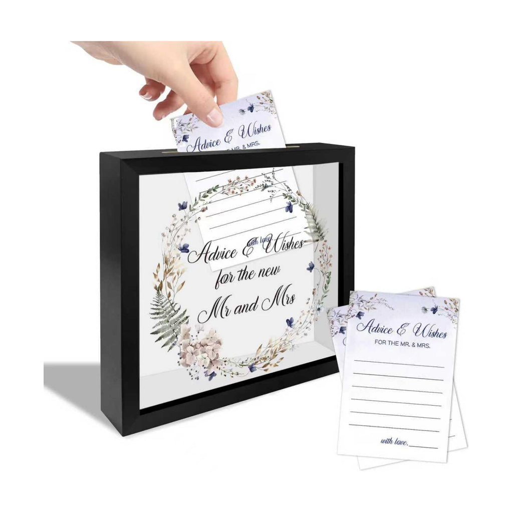 Floral Black Wedding Card Box for Reception with Acrylic Window, 20 Advice and Wishes Card, Remembrance Table Decor for Bridal Shower Engagement Graduation Party Baby Shower, 8 x 8 in