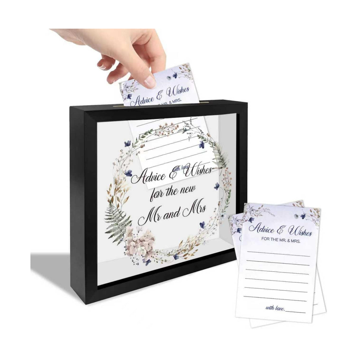 Floral Black Wedding Card Box for Reception with Acrylic Window, 20 Advice and Wishes Card, Remembrance Table Decor for Bridal Shower Engagement Graduation Party Baby Shower, 8 x 8 in