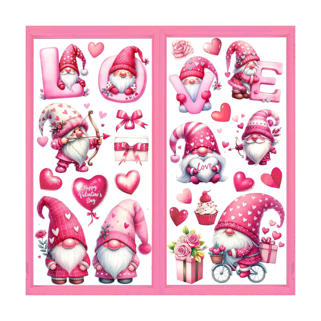 Whaline 9 Sheets Valentine' s Day Window Clings Cute Pink Love Gnome Heart Window Decal Reusable Anti-Collision Windows Decor for Wedding Anniversary Home Party Supplies