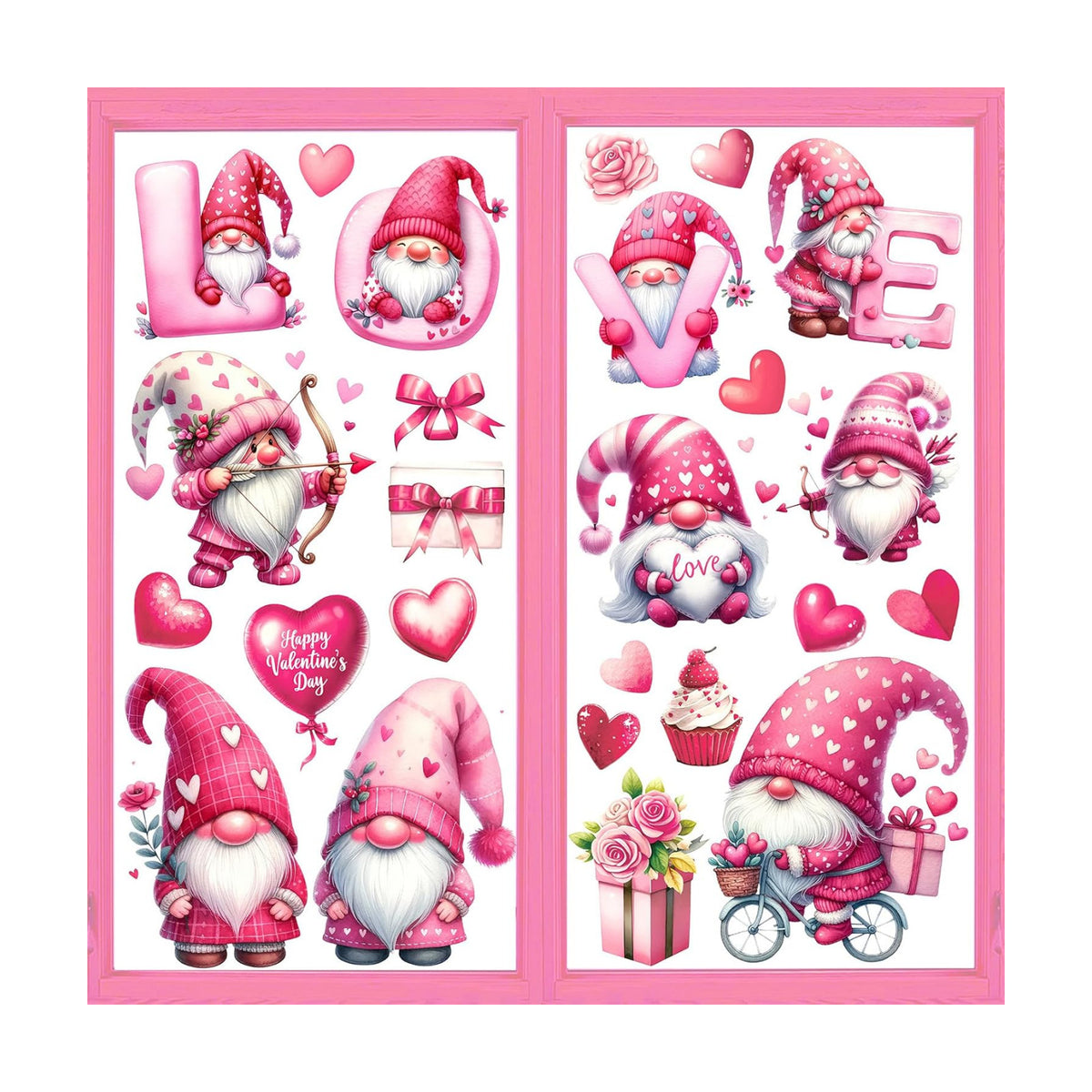 Whaline 9 Sheets Valentine' s Day Window Clings Cute Pink Love Gnome Heart Window Decal Reusable Anti-Collision Windows Decor for Wedding Anniversary Home Party Supplies