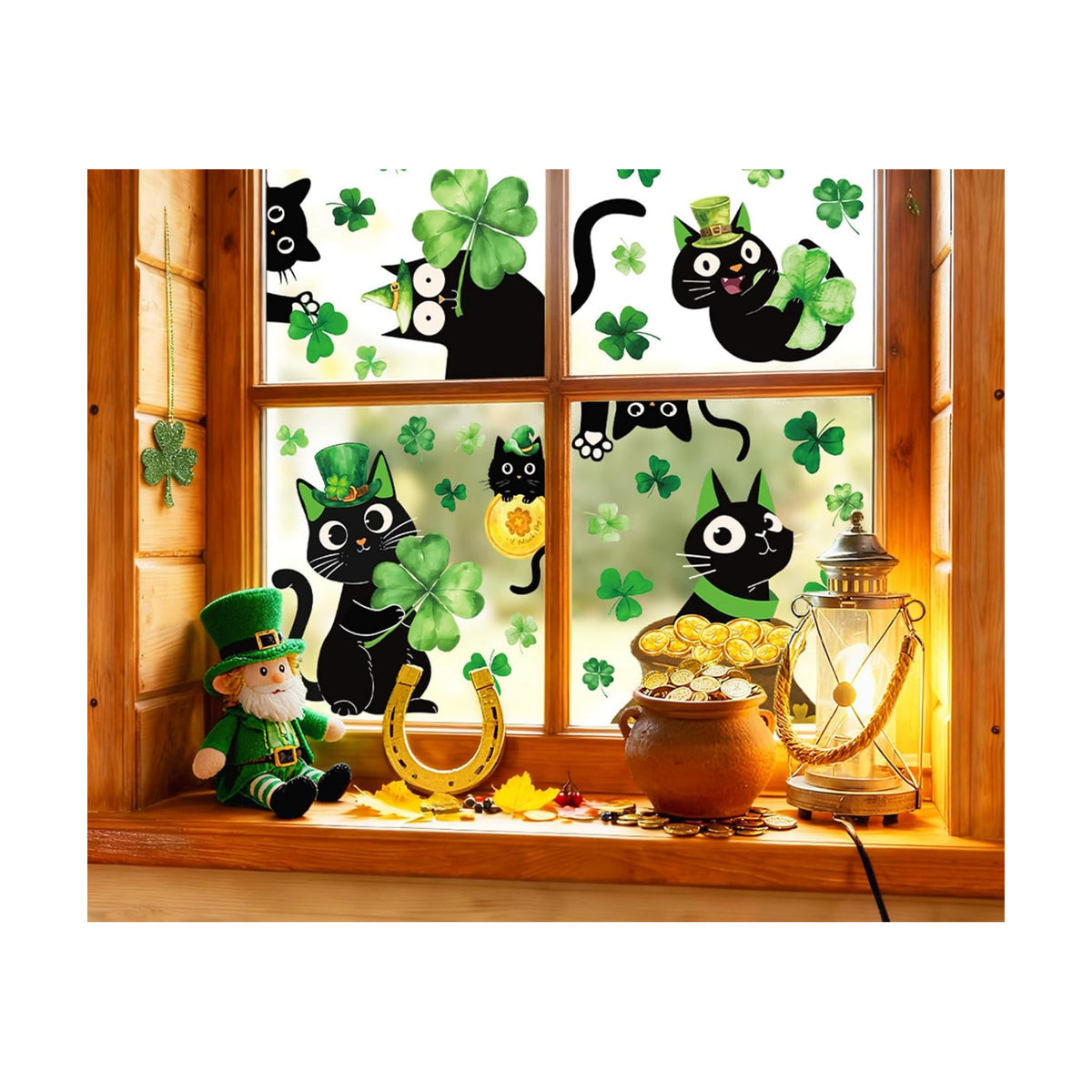Whaline 6 Sheets St. Patrick' s Day Window Clings Black Cat Green Shamrock Clover Window Decal Reusable Anti-Collision Windows Decor for Irish Holiday Party Supplies