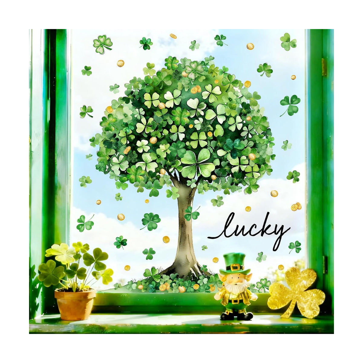 Whaline 6 Sheets St. Patrick' s Day Window Clings Large Lucky Clover Green Shamrock Tree Window Decal Reusable Anti-Collision Windows Decor for Irish Holiday Party Supplies