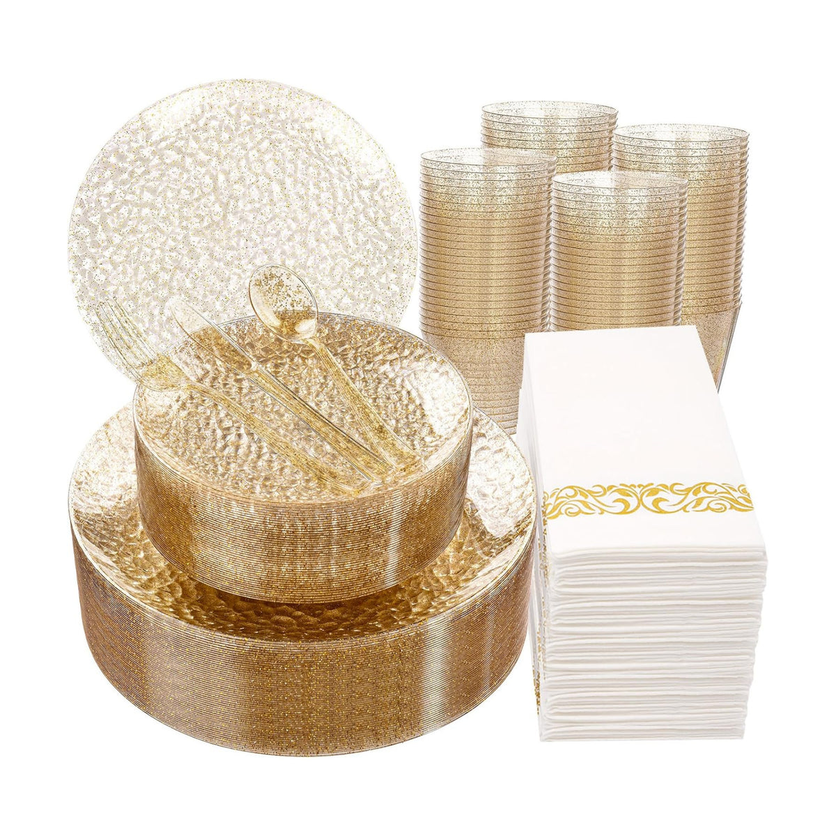 Rubtlamp 350 Pcs Gold Glitter Plastic Plates, Hammered Disposable Plates Set (50 Guests), Glitter Dinnerware Set Include 100 Plastic Plates, 150 Glitter Silverware, 50 Cups And 50 Napkins