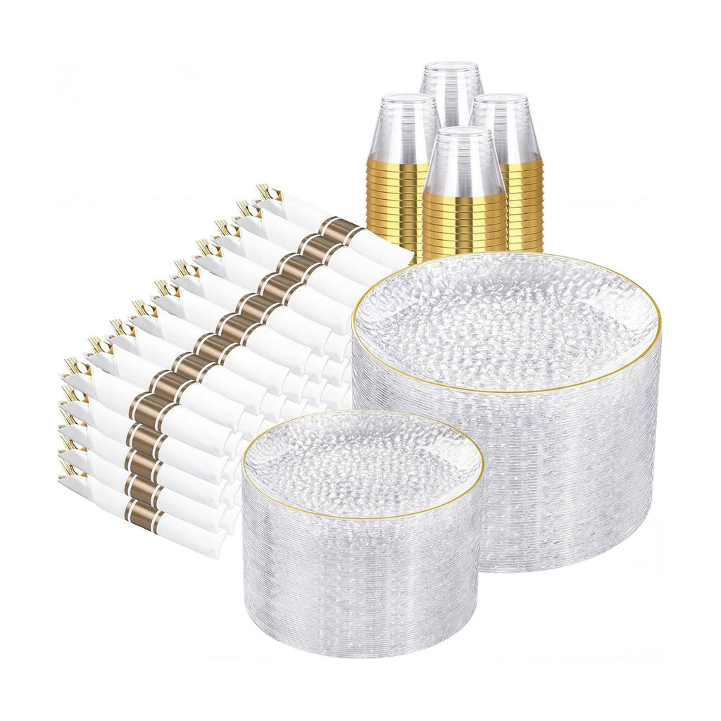 Rubtlamp 700Pcs Gold Plastic Dinnerware Set, Hammered Clear Gold Plates, Fancy Plastic Plates Include 100 Dinner Platos,100 Salad Platos,100 Cups,100 Pack Pre Rolled gold plastic Silverware