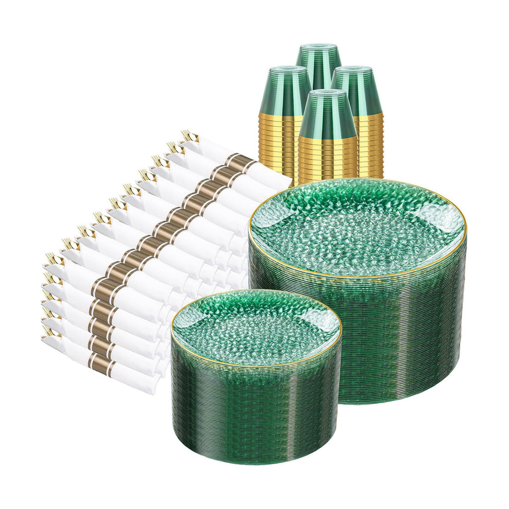 Rubtlamp 700Pcs Green Plastic Plates,Green Gold Plastic Dinnerware Set, Hammered Clear Green Plates with Gold Rim Include 100Dinner Platos,100Cake Platos,100Cups,100Pre Rolled Silverware