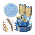 Rubtlamp 100 Guest Blue Gold Plastic Dinnerware Set,Clear Blue Disposable With Gold Rim, Hammer Fancy Party Plates Include 100Dinner Platos,100Cake Platos,100Cups,100 Pre Rolled gold Cutlery