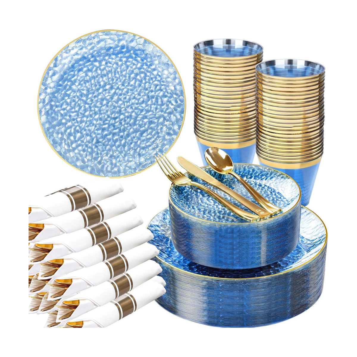Rubtlamp 100 Guest Blue Gold Plastic Dinnerware Set,Clear Blue Disposable With Gold Rim, Hammer Fancy Party Plates Include 100Dinner Platos,100Cake Platos,100Cups,100 Pre Rolled gold Cutlery