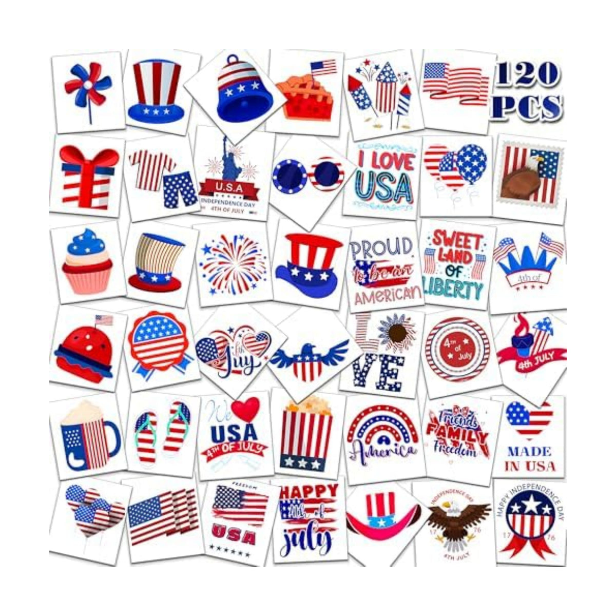 HSHFAMIIY 4th of July Outfits for Women - 4th of July Temporary Tattoos, 120 PCS USA Flag Patriotic Tattoos, USA Flag, Fireworks, Eagle, Statue of Liberty, Independence Day, Memorial Day