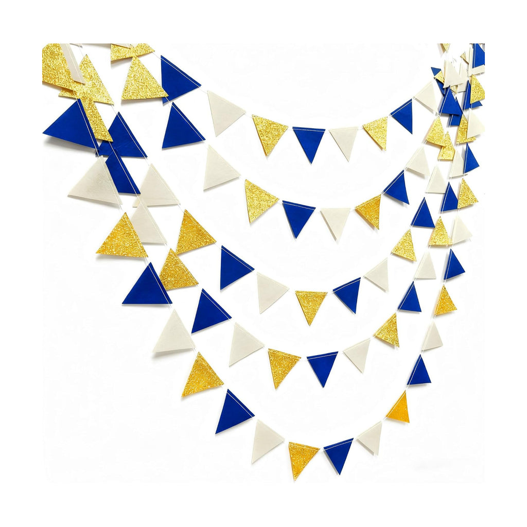 Blue Gold Beige Party Decoration Royal Gold Glitter Felt Hanging Triangle Mini Bunting Pennant Banner Flag for Birthday Wedding Shower Graduation Nautical Ahoy Achor Party Decor Supplies