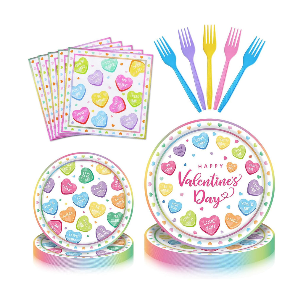 100 Pieces Valentine’s Day Party Tableware Set – Candy Heart Plates, Napkins and Forks, Love Heart Disposable Dinnerware for Valentine Classroom Party and Birthday Supplies
