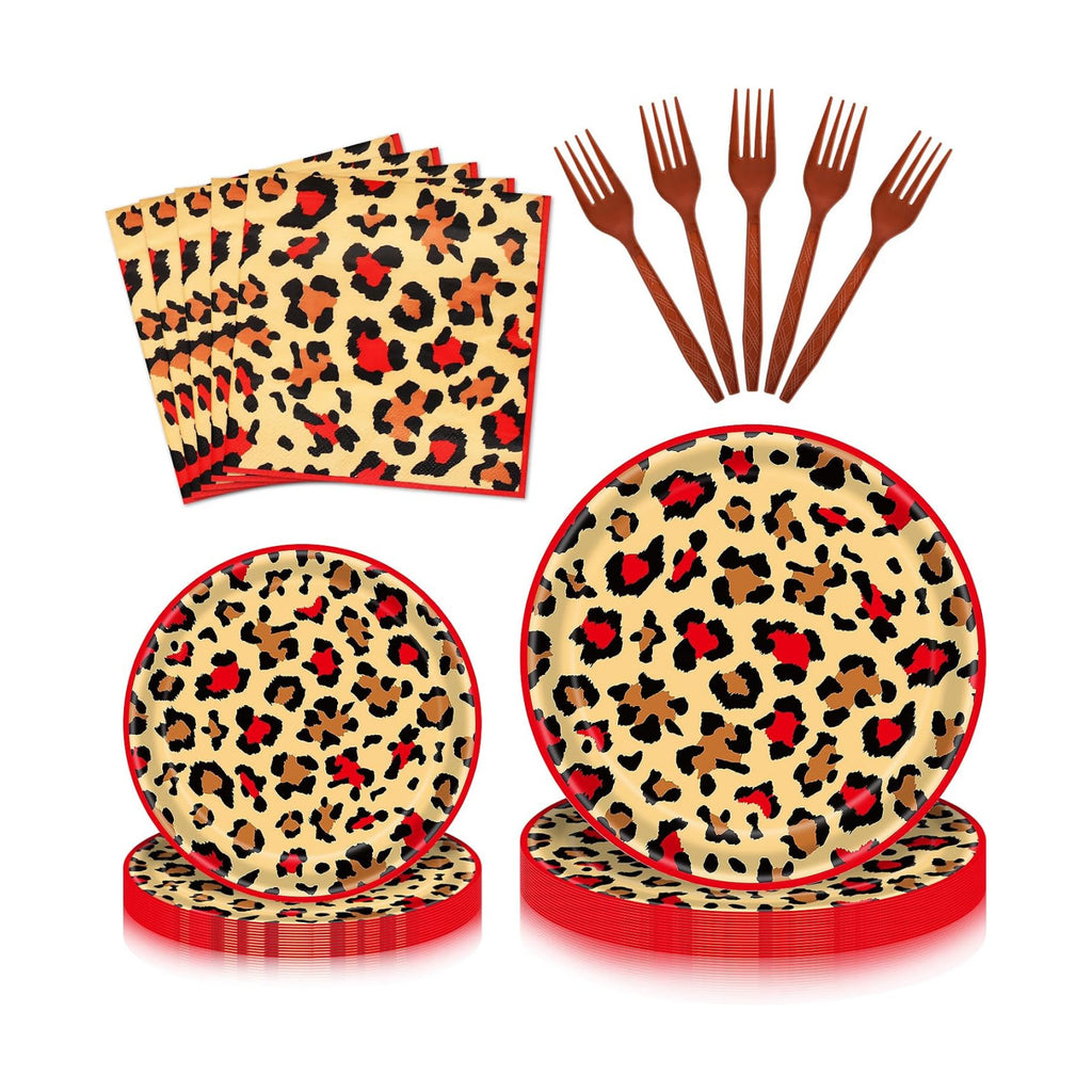 100 Pieces Leopard Print Party Tableware Set – Red Cheetah Animal Print Plates, Napkins and Forks, Disposable Dinnerware for Girls Birthday, Safari and Wild One Party Supplies