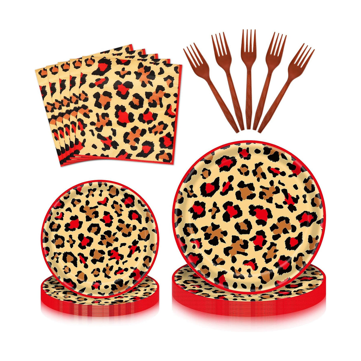 100 Pieces Leopard Print Party Tableware Set – Red Cheetah Animal Print Plates, Napkins and Forks, Disposable Dinnerware for Girls Birthday, Safari and Wild One Party Supplies