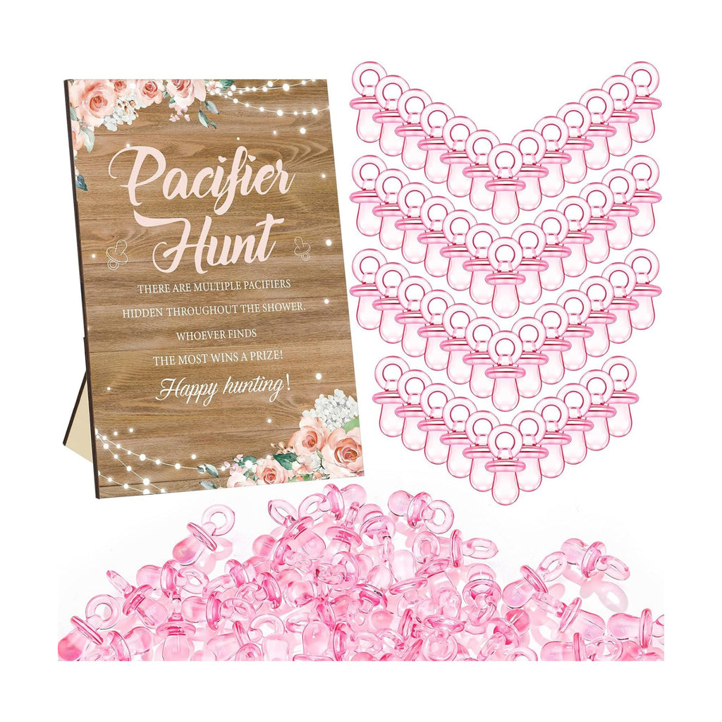 Thyle 51 Pcs Rustic Girl Baby Shower Game Floral Pacifier Hunt Sign and 50 Acrylic Pacifiers for a Sweet Little Girl Is on Her Way Baby Shower Decorations Floral Gender Reveal Pregnancy Party Supplies