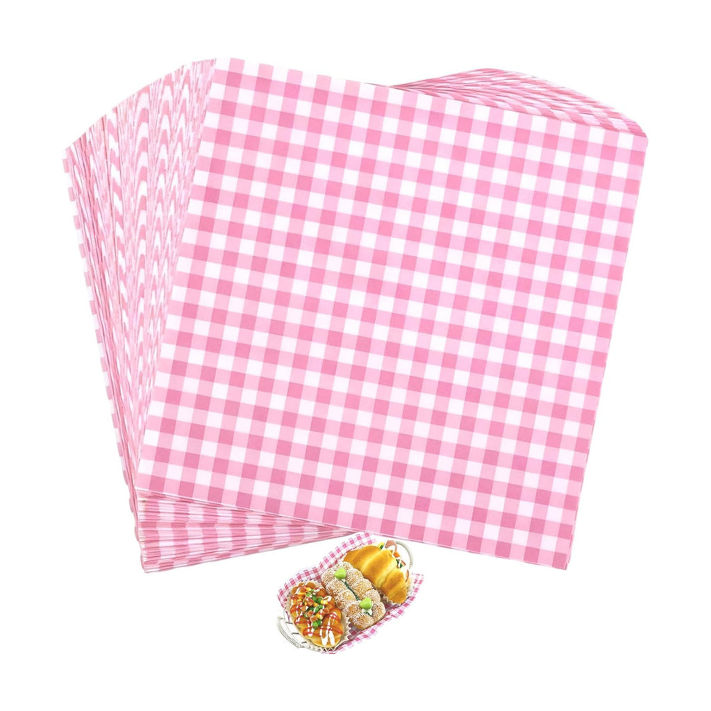 200 Pcs Pink Checkered Deli Paper, 7x7 Inch Waxed Food Wrapping Sheets - Grease Resistant Basket Liners for Burgers, Sandwiches, Bakery & Party Trays
