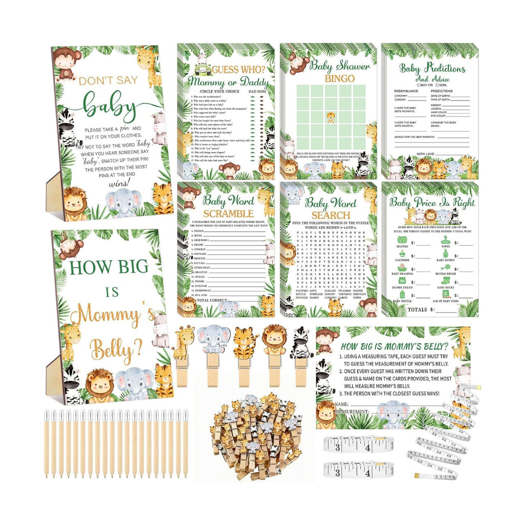 Funnymoom 426 Pcs Jungle Baby Shower Games Set, 8 Safari Animal Party