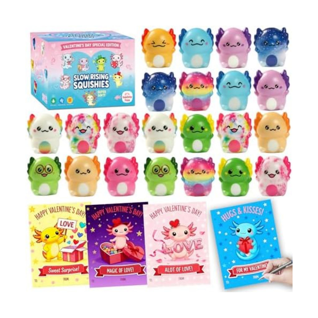 24 PCS Valentines Day Gift Cards with Axolotl Squishy Toys,Valentine's Axolotl Slow Rising Stress Relief Squishies Fidget Toys Bulk for Adults,Valentine's Party Favor