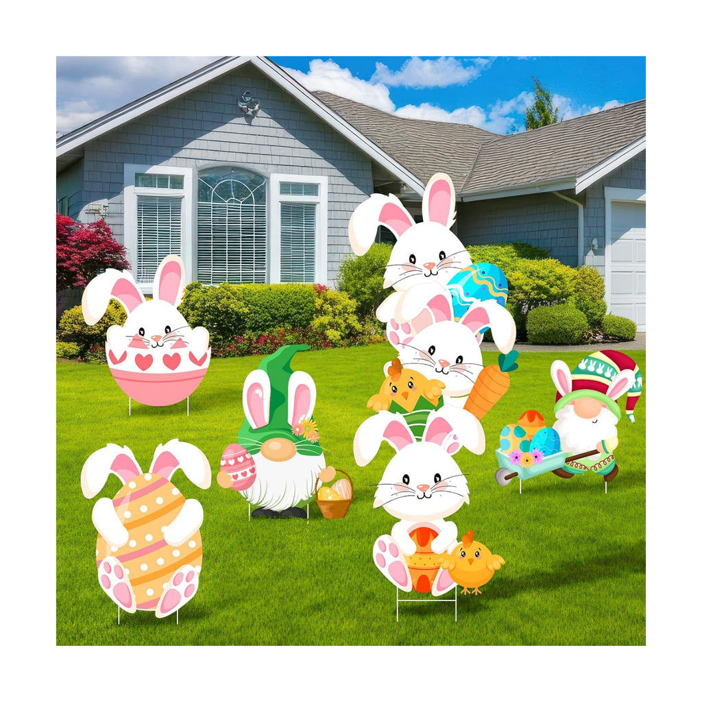 Easter Decorations Outdoor 6 Pcs Easter Yard Signs Bunny Eggs Yard Sign with Stakes for Lawn Egg Hunt Spring Rabbit Garden Decorations Party Supplies Waterproof