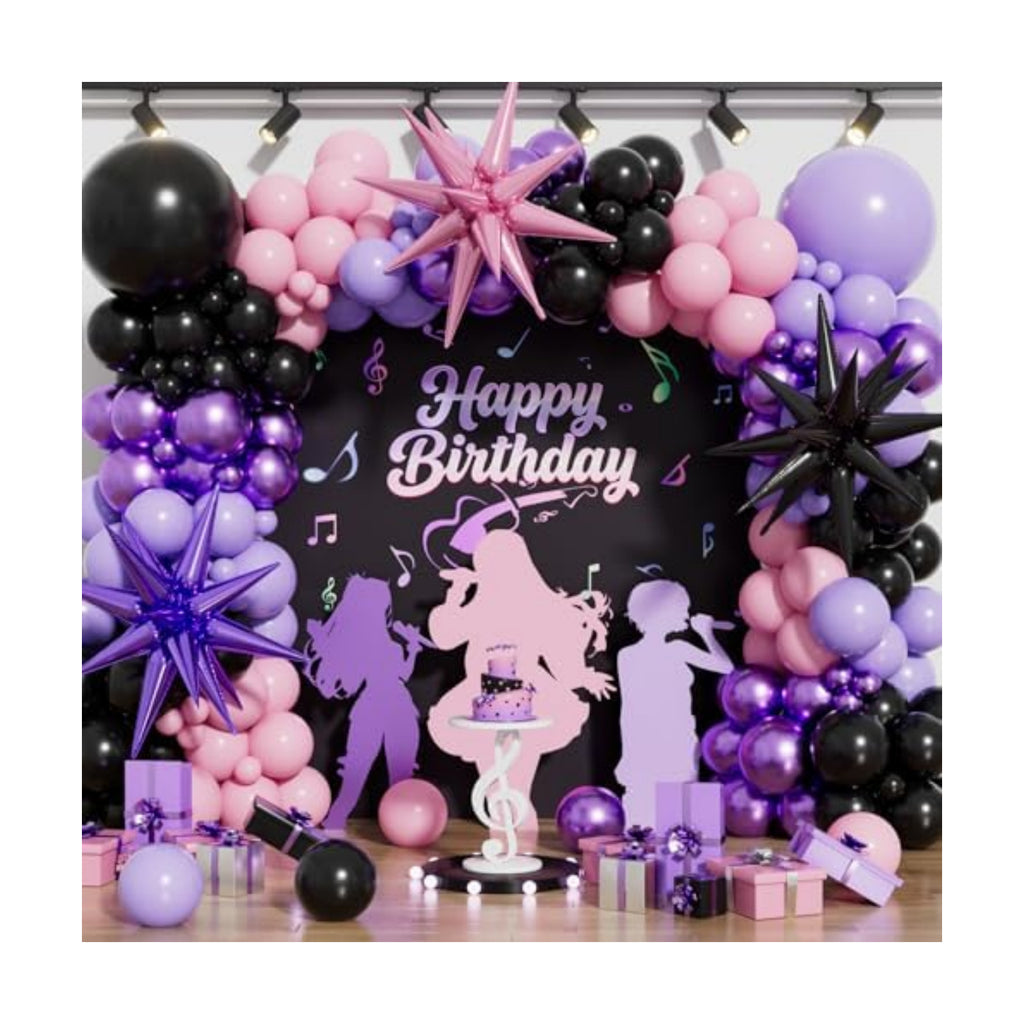 Pink and Purple Balloon Arch Garland Kit, 109PCS Pink Purple Black Balloons with Starburst Foil Balloons, Trendy Music Birthday Decorations for Girls and Teens, Concert and Movie Fans Party Supplies