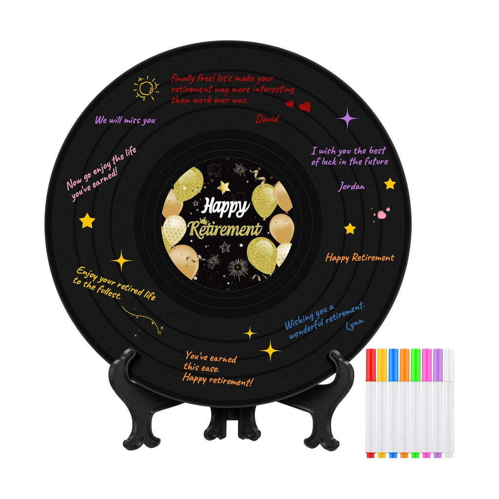 Happy Retirement Decoration Retirement Guest Book to Sign Vinyl Record with Signature Pen Happy Retired Gift Farewell Party Supply Going Away Gift for Men Women Office Birthday Decor(Black)