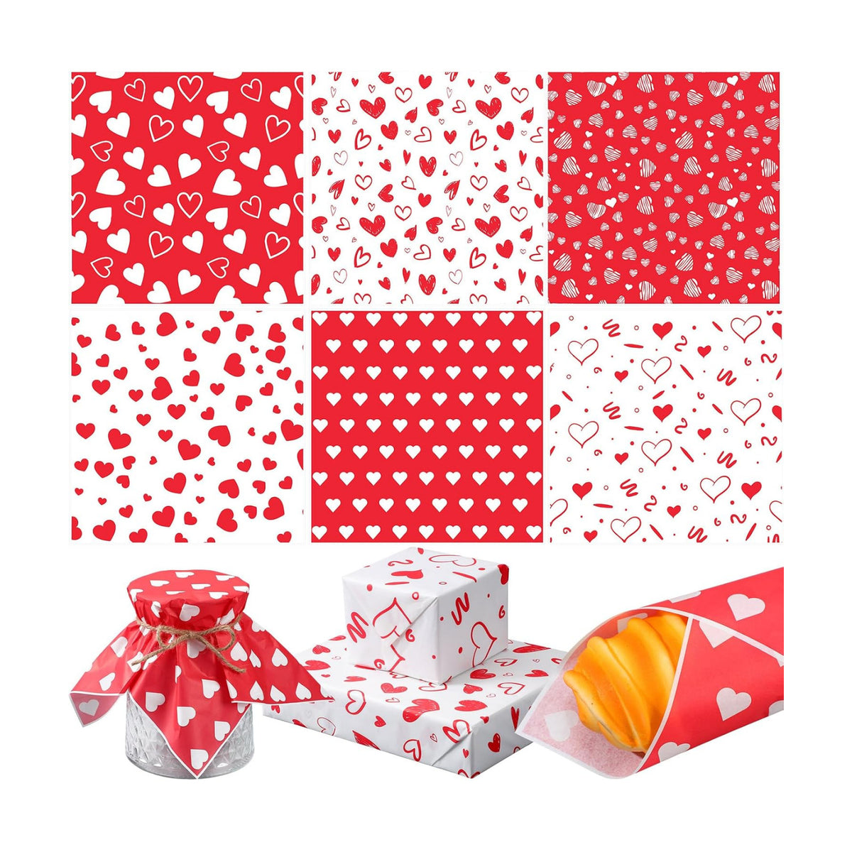 Ireer 300 Pcs Red Heart Wax Paper Sheets Parchment for Food Deli Paper 12x12 Inch Waterproof 6 Style Heart Valentine Mom Teacher Gift Wrapping Picnic Basket Liners Greaseproof Wrapping Wedding Party